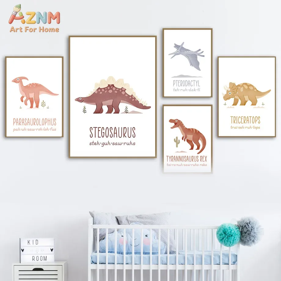 Kids Education Nursery - AZNM Cetakan Seni Dinding Kanvas Dinosaurus